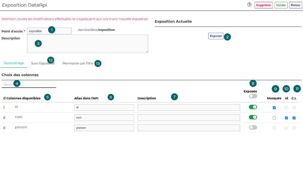 Écran de configuration de l’API